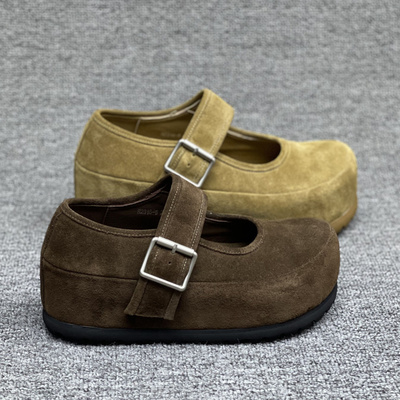 牛反绒魔术贴内增高玛丽珍鞋单鞋