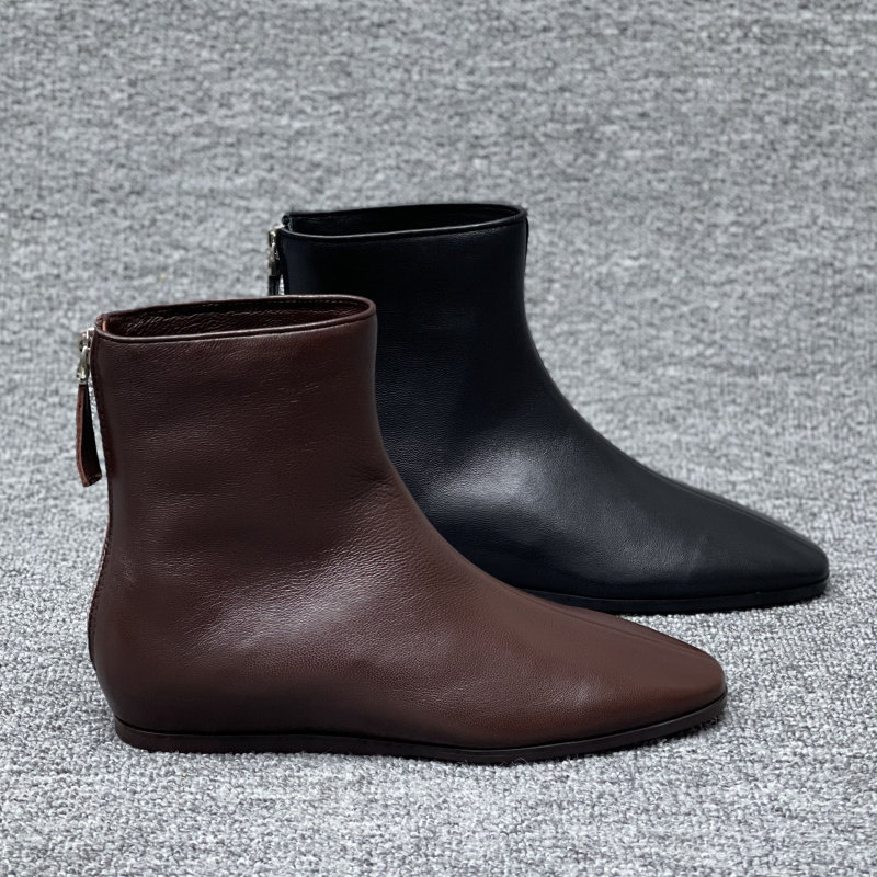 欧洲站女鞋2024秋季新款欧货真皮软羊皮平底后拉链圆头短靴女单靴,女鞋,时装靴,淘宝优惠券,粉丝福利购,淘宝优惠卷