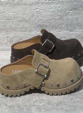 乐魔女鞋2026春季新款欧货真皮磨砂皮铆钉水钻厚底包头拖鞋女半拖