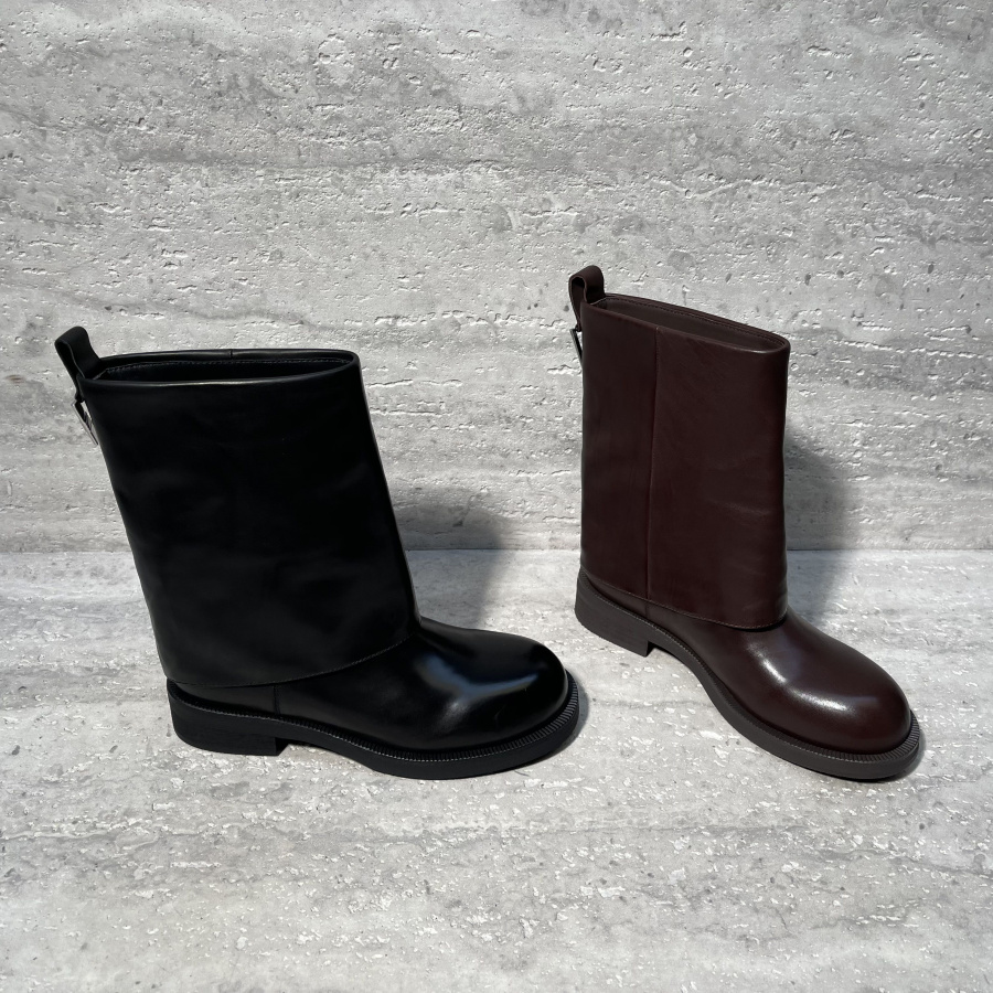 胎牛粗跟圆头套筒烟筒靴中筒靴