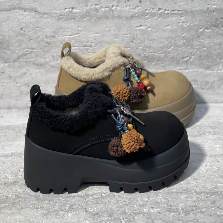 系带流苏粗跟厚底穆勒鞋棉鞋女