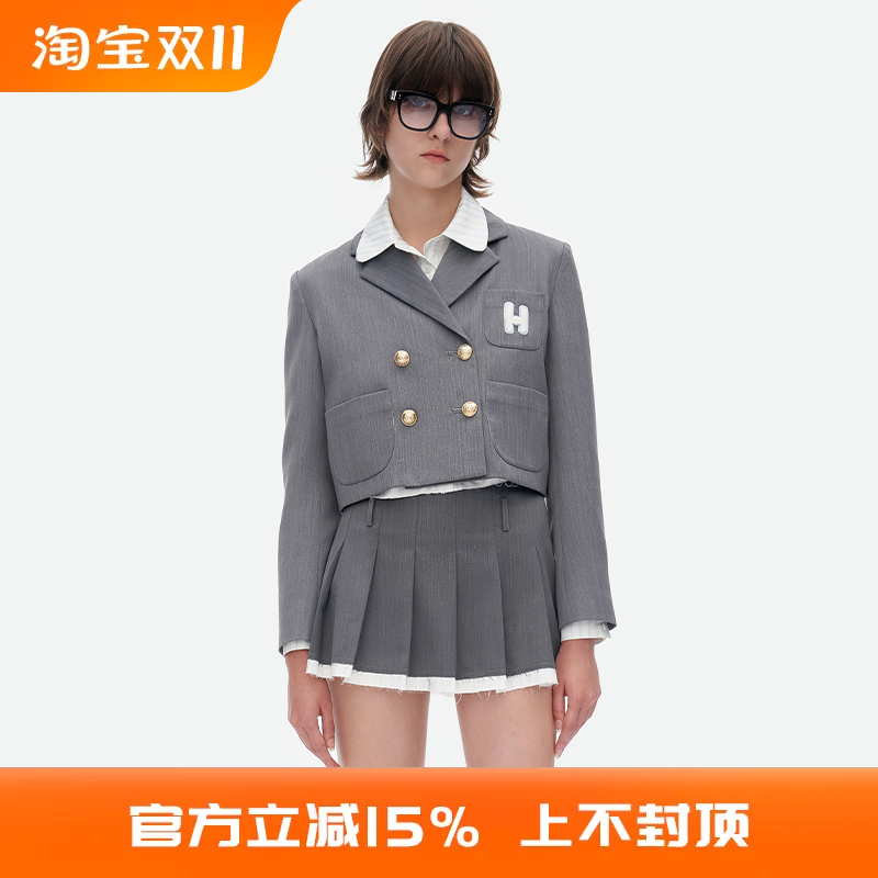 【Herlian】设计师品牌赖美云同款双排扣LOGO口袋西装拼边百褶裙使用感如何?