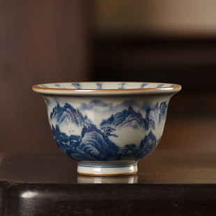 景德镇青花瓷主人杯单杯功夫茶杯品茗杯山水图内诗文压手杯
