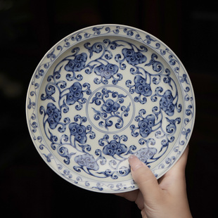 景德镇陶瓷壶承层中式青花养壶干泡茶托盘茶具配件釉下青花瓷灵芝