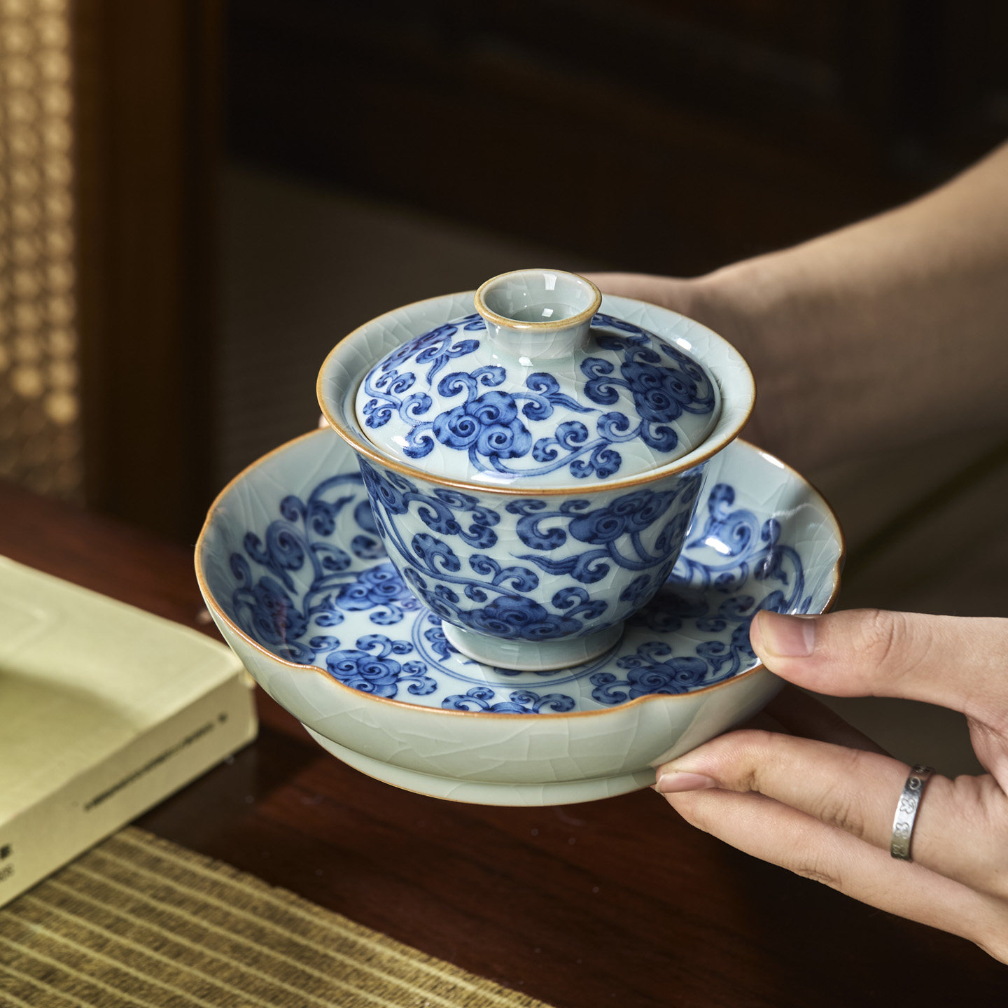 汝窑青花盖碗茶杯景德镇青花瓷陶瓷茶碗盖碗茶碗灵芝纹二才盖碗