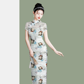 新中式 24新款 夏季 国风气质旗袍网纱印花日常连衣裙高弹走秀演出服