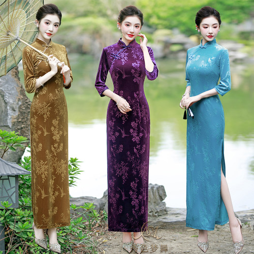 25新款金丝绒压花妈妈礼服裙