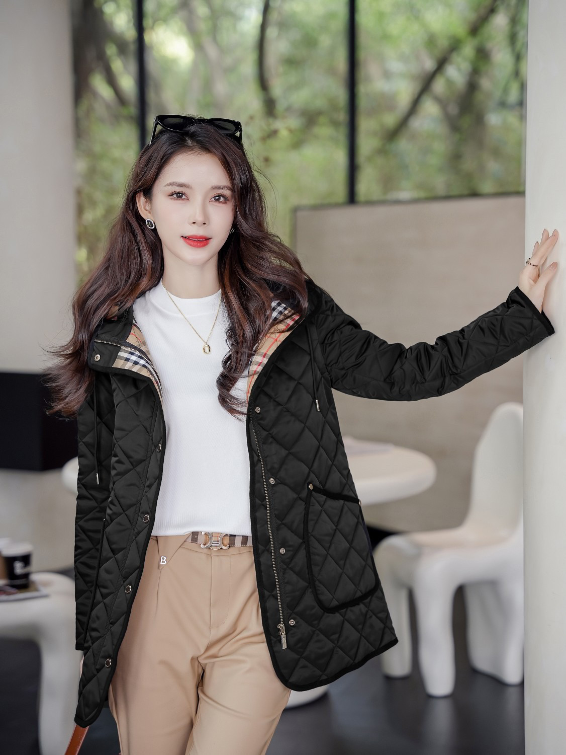 思尼莉莉家 秋冬季新抽绳修身菱形格黄金棉服连帽外套女-128277