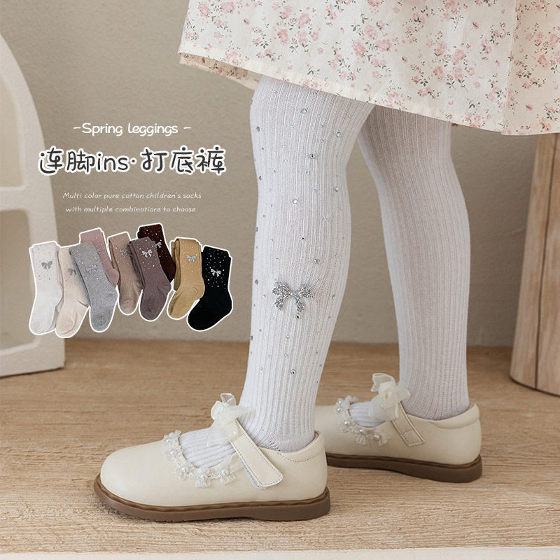 女童连裤袜满钻春秋薄款儿童女孩打底裤袜宝宝外穿白色连裤袜子