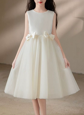 女童主持人礼服花童高级白色缎面钢琴演奏小女孩生日party公主裙