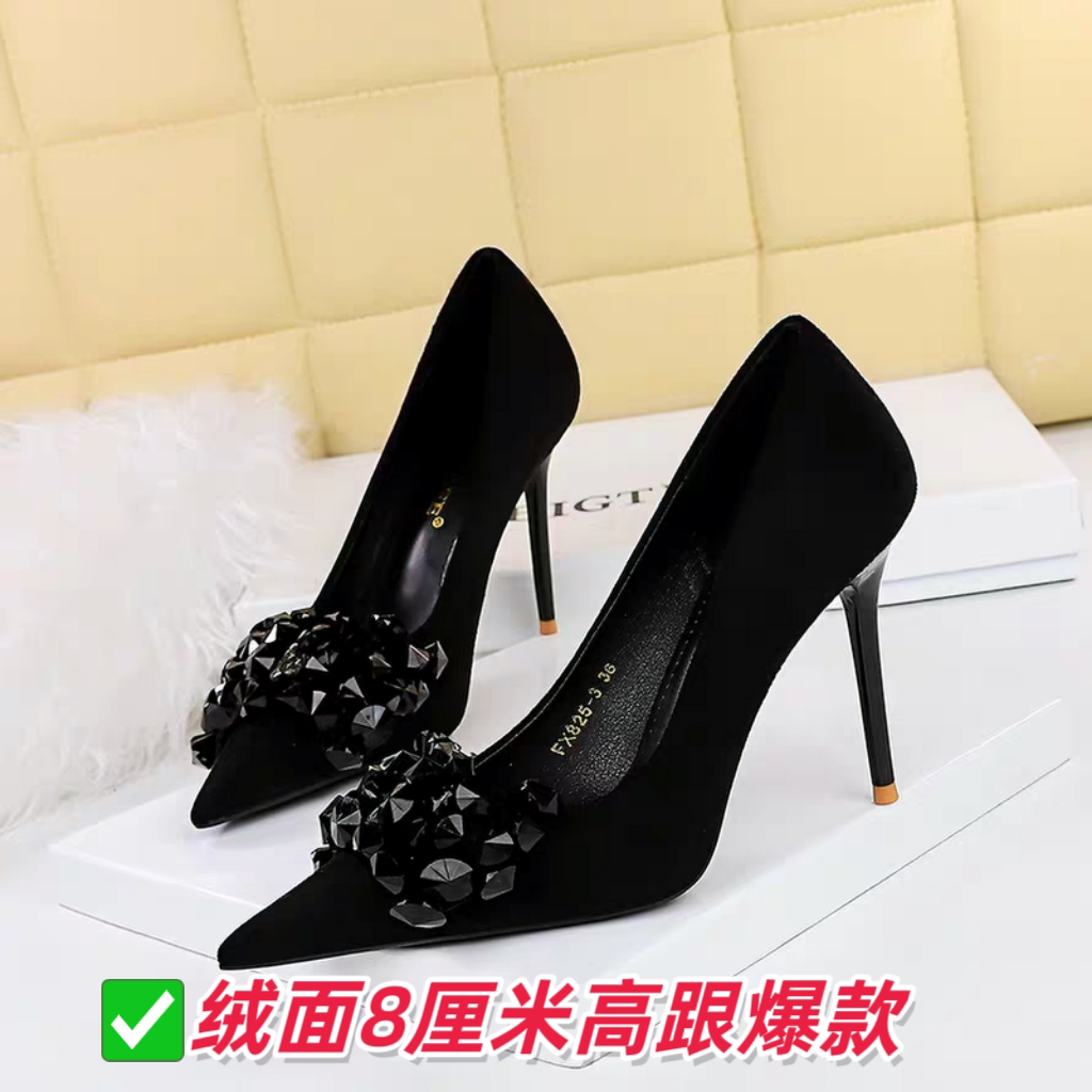 新爆款显瘦性感高跟鞋女绒面浅口尖头宝石水钻一脚蹬懒人鞋单鞋女