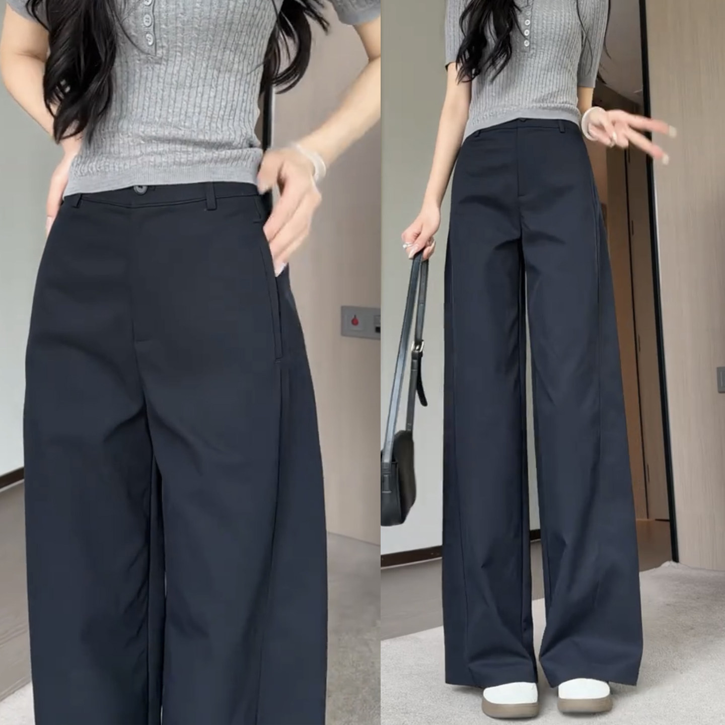 藏青色西装窄版阔腿裤女2026休闲裤