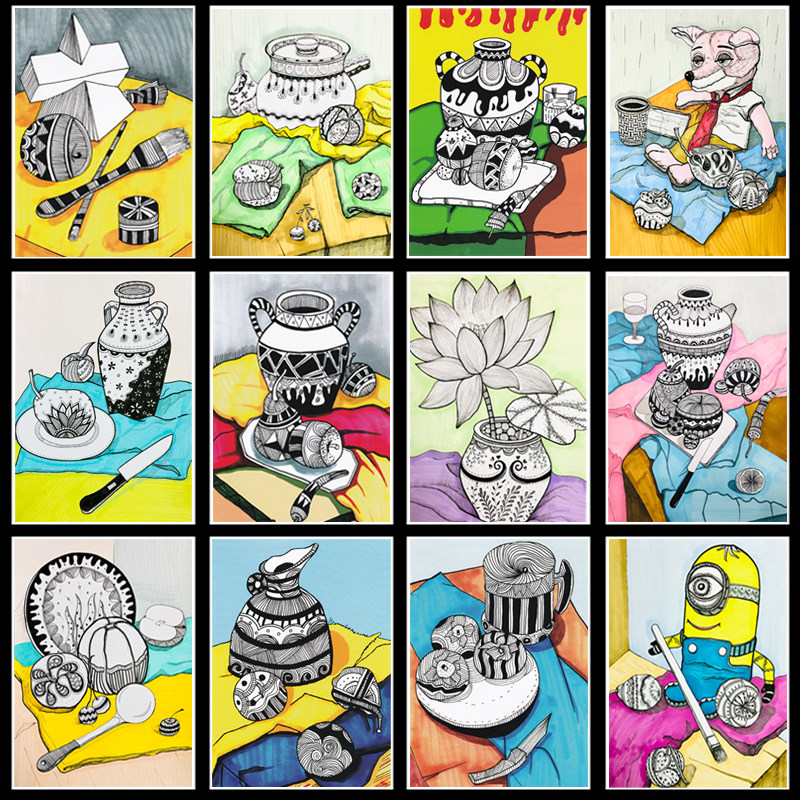 少儿创意美术临摹卡片马克笔彩色线描儿童画静物写生范画素材图片