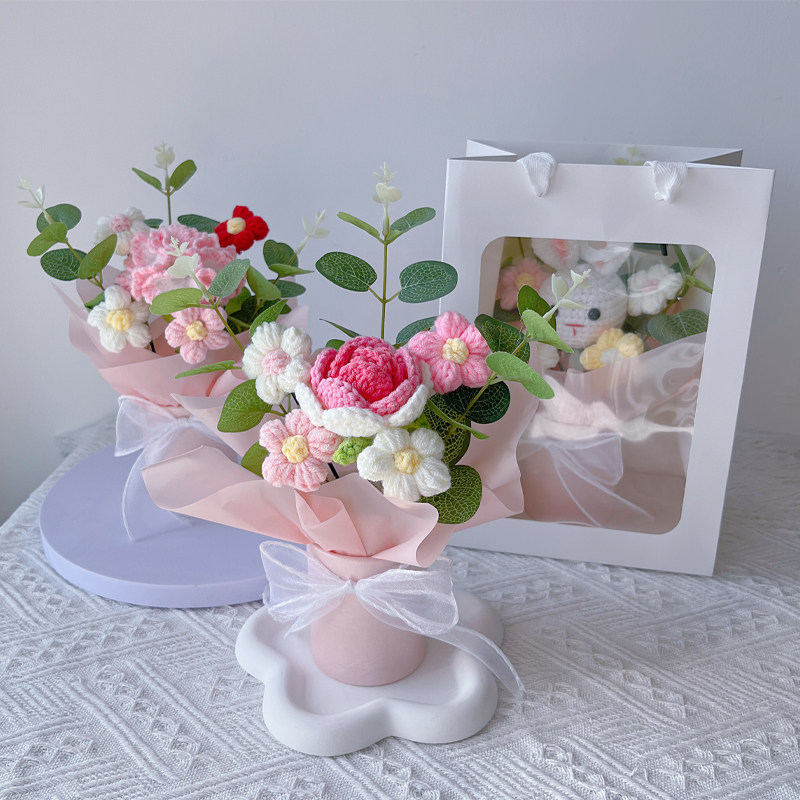 成品摆件手工编织毛线花束盆栽玫瑰向日葵仿真花女友老师毕业礼物,家居饰品,仿真花/假花,淘宝优惠券,粉丝福利购,淘宝优惠卷