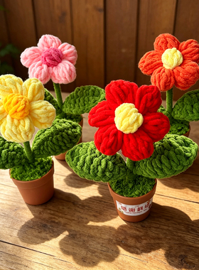 成品毛线编织花束手工钩织小花盆栽家居桌面摆件仿真花送教师礼物
