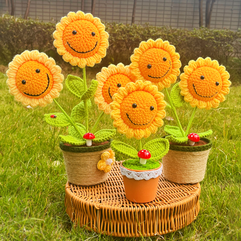 毛线花向日葵盆栽手工摆件仿真花