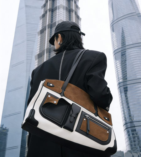 焦糖骑士2025秋冬新品设计师小众托特包单肩腋下包大容量反绒拼接