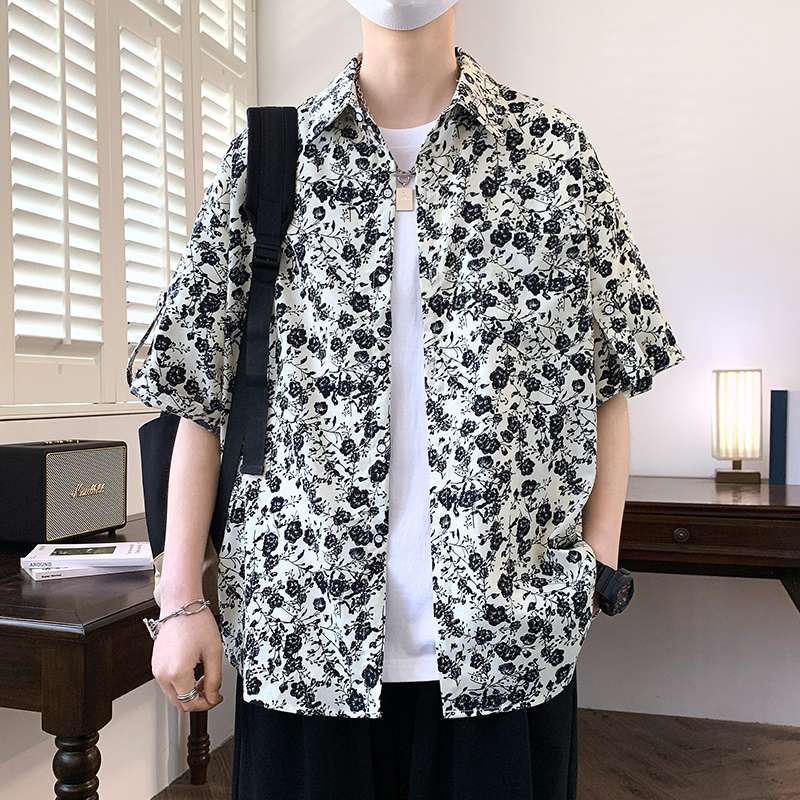 夏季新款冰丝短袖衬衫帅气夏装潮牌休闲上衣服花男士衬衣宽松薄款