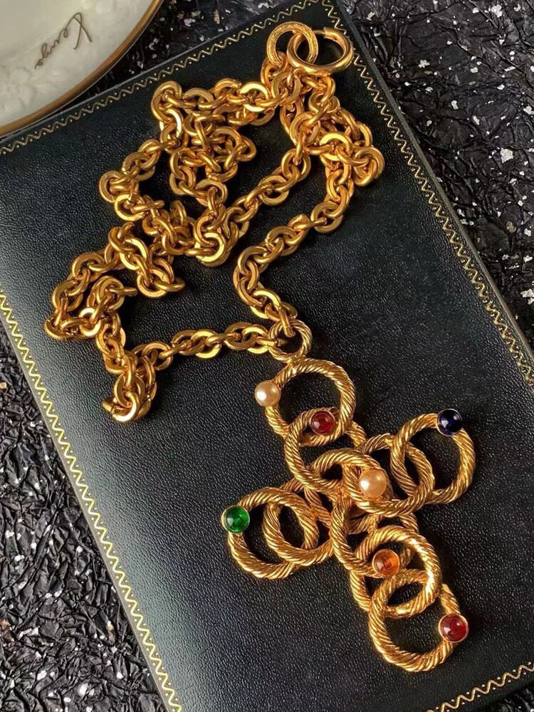 yuwelry欧美vintage中古黄铜镀金琉璃十字吊坠长款气质复古项链