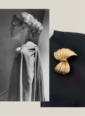 yuwelry欧美法式vintage中古蝴蝶结黄铜镀金复古胸针毛衣大衣配饰