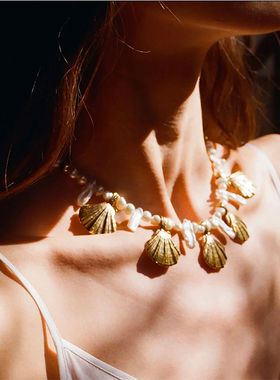 yuwelry欧美法式小众复古天然巴洛克珍珠贝壳吊坠项链耳环戒指