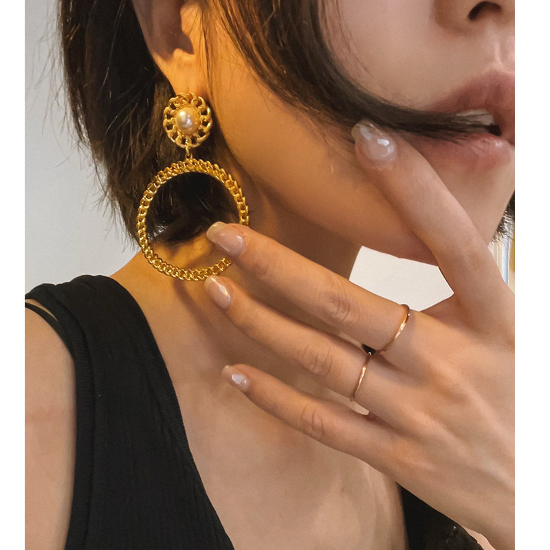 yuwelry欧美法式vintage中古麻花大圈圈珍珠复古耳环简约气质耳钉