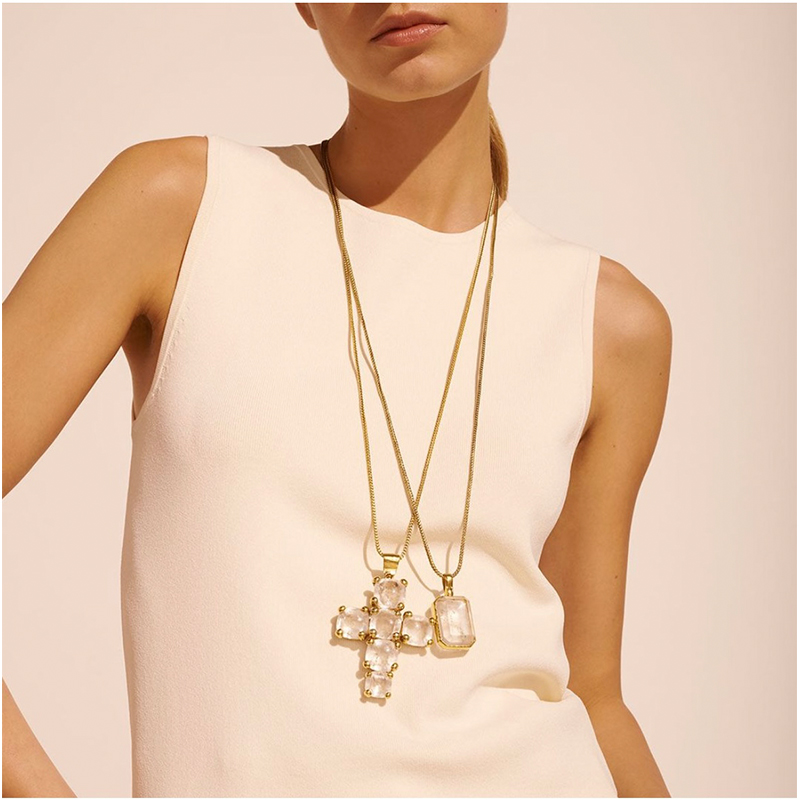 yuwelry水晶黄铜细款女天然项链