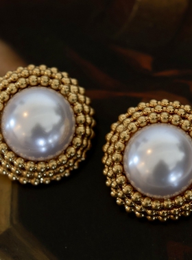 yuwelry欧美法式vintage中古高级珍珠复古圆形耳环金色重工耳夹