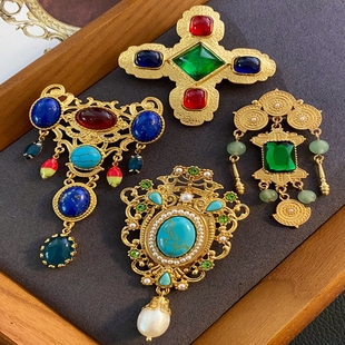 yuwelry欧美中古vintage天然珍珠绿松石琉璃古董复古胸针大衣配饰