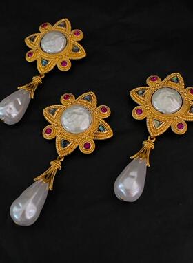 yuwelry欧美vintage中古天然巴洛克珍珠贝母吊坠宫廷风复古胸针