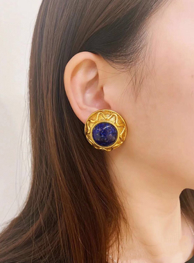 yuwelry耳夹中古天然石圆形浮雕