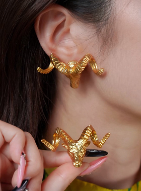 yuwelry欧美中古个性羚羊vintage轻奢夸张复古金色耳夹耳环