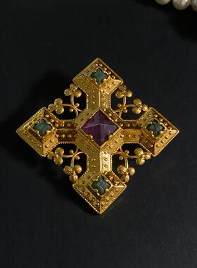 yuwelry欧美vintage中古宫廷风黄铜镶嵌天然石方形胸针大衣配饰