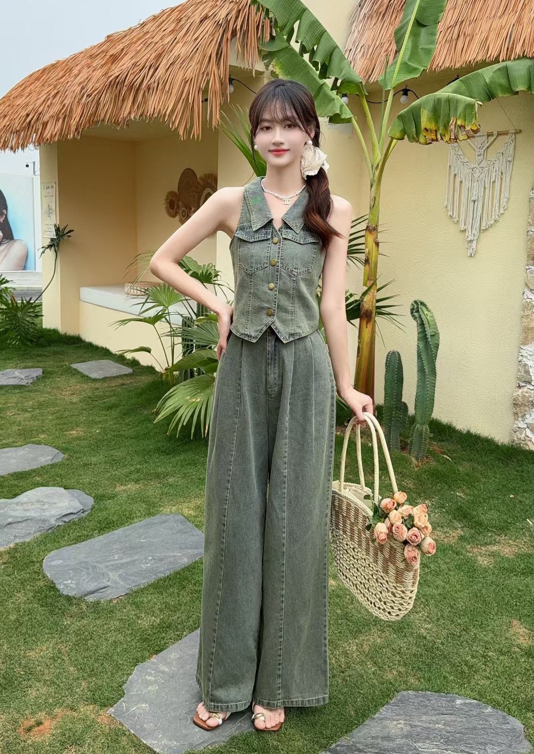 怀旧港风时尚套装女2025夏款超薄天丝牛仔无袖上衣阔腿裤两件套
