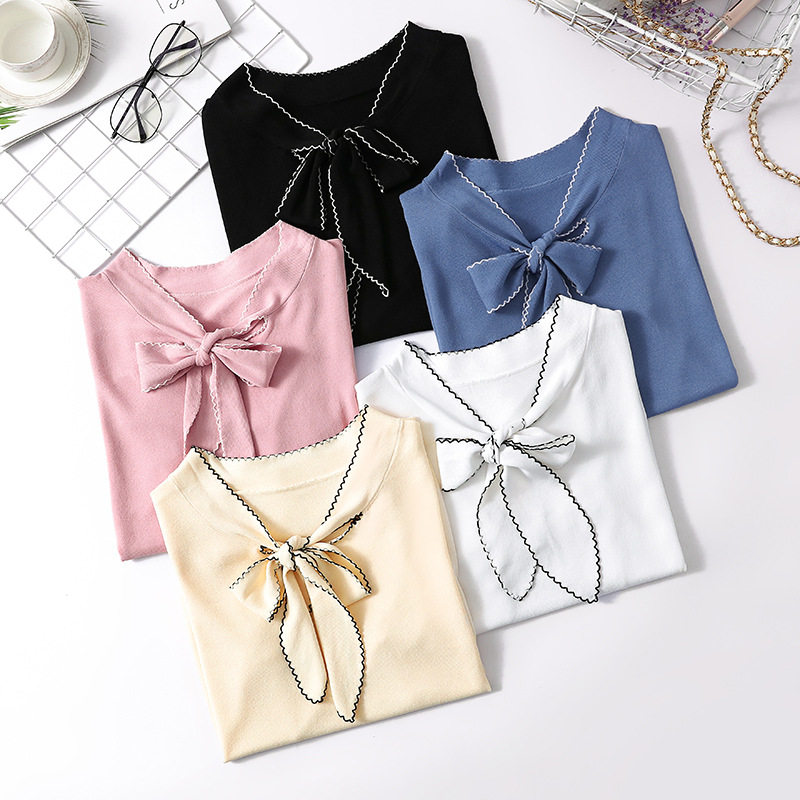 冰絲短袖t恤女裝2019春韓版針織打底衫蝴蝶結繡花V領上衣修身加工在類目 女裝/女士精品, T恤中 - 來自Buy2taobao.com提供專業的淘寶代購服務