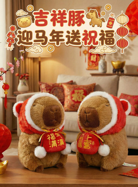 可爱吉祥水豚胖墩墩卡皮巴拉新年送祝福毛绒公仔儿童女生陪伴玩偶