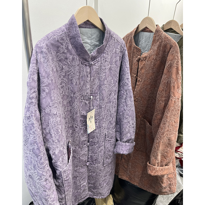 棉麻女装 冬季复古文艺国风亚麻炒色提花盘扣中式长款棉衣棉服