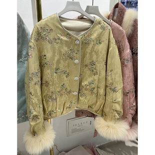 狐狸毛羽绒服 镶钻提花重工90绒羽绒服狐狸毛袖新中式国风短款女