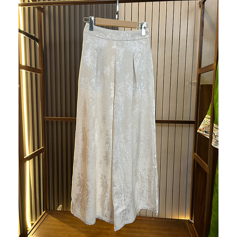 人丝+棉麻 提花新中式国风阔腿裤 夏季新款松紧腰长裤大脚裤女