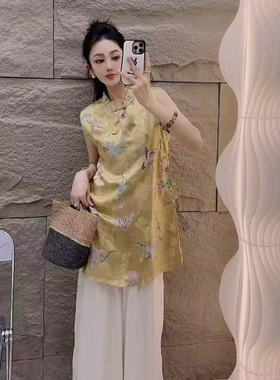 77221 工厂直销金蝶香云纱新中式定位刻花无袖立领连衣裙旗袍裙