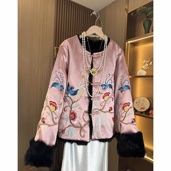 工厂批发价 兔毛双面穿皮草外套 重工刺绣新中式唐装加厚上衣女冬