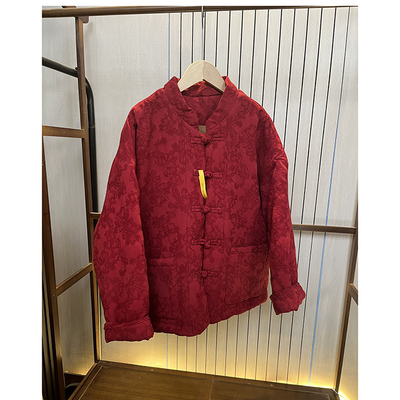 纯棉花棉衣 亚麻色织提花加厚保暖红色棉服 新中式盘口棉麻女装