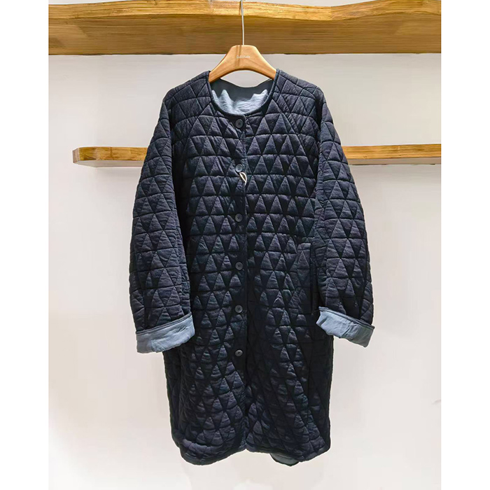 纯棉菱形格夹棉圆领长款外套 刀切棉宽松加厚廓版棉衣棉服大码