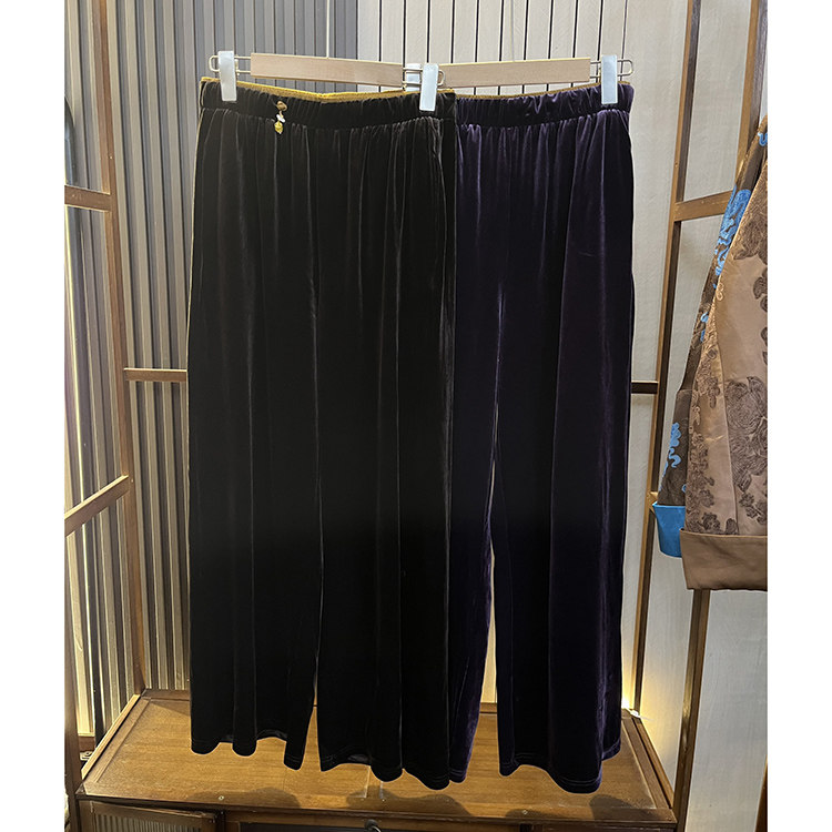 丝绒阔腿裤 2025秋季新款新中式国风吊坠宽松松紧腰长裤纯色,女装/女士精品,裤子,淘宝优惠券,粉丝福利购,淘宝优惠卷