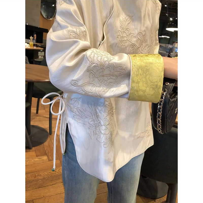 高端新中式重工刺绣斜襟宽松外套女 气质茶服上衣春秋新款女装