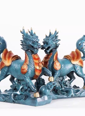 彩铜麒麟摆件精工雕刻火麒麟铜像