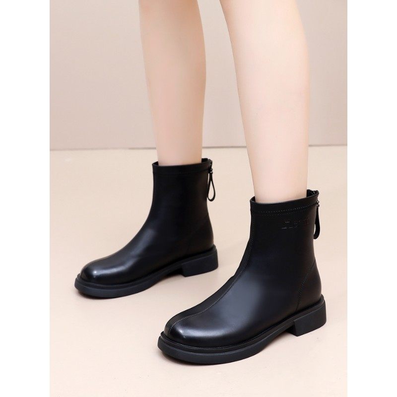 卓诗尼2025秋冬新款圆头休闲女士短靴加绒靴子低跟系带马丁靴女