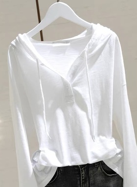 广州十三行高货~白色连帽长袖T恤女竹节纯棉打底衫宽松卫衣帽衫