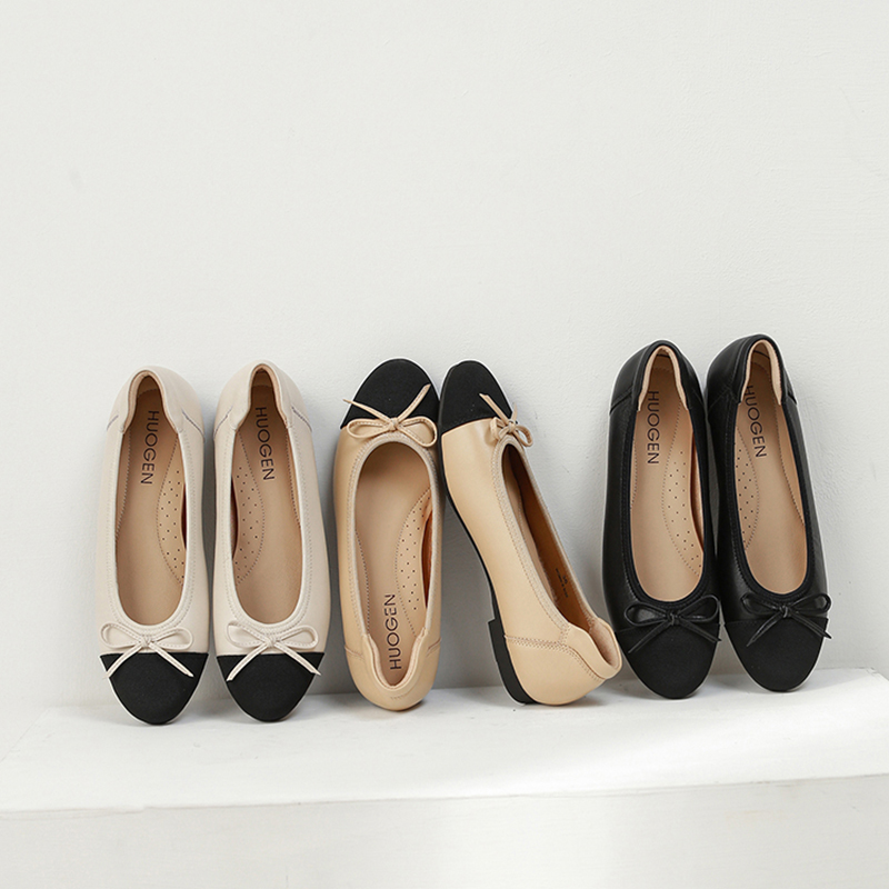 HUOGEN新款小香风单鞋羊皮平底鞋