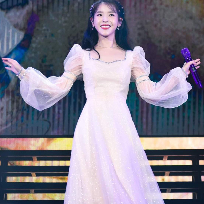 iu李知恩同款网纱泡泡袖收腰气质中长款连衣服裙晚宴年会礼服春